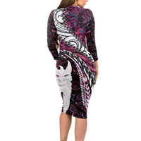 New Zealand Aotearoa Long Sleeve Bodycon Dress Maori Hei Rehua Paua Shell Glitter Pink