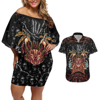 Aloha Halloween Couples Matching Off Shoulder Short Dress and Hawaiian Shirt Horror Tiki Heavy Metal Style - Polynesian Pride