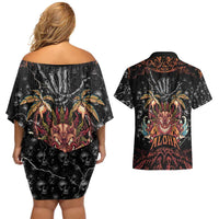 Aloha Halloween Couples Matching Off Shoulder Short Dress and Hawaiian Shirt Horror Tiki Heavy Metal Style - Polynesian Pride