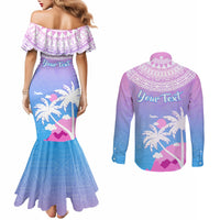 Personalised Fiji Your Paradise Festival Couples Matching Mermaid Dress and Long Sleeve Button Shirt With Fijian Masi Tapa Pattern LT05 - Polynesian Pride