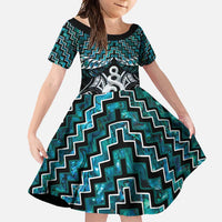 New Zealand Maori Family Matching Tank Maxi Dress and Hawaiian Shirt Poutama Pikorua Turquoise Paua Shell LT05 Daughter's Dress Turquoise - Polynesian Pride