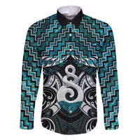 New Zealand Maori Family Matching Tank Maxi Dress and Hawaiian Shirt Poutama Pikorua Turquoise Paua Shell LT05 Dad's Shirt - Long Sleeve Turquoise - Polynesian Pride