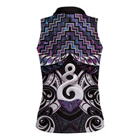 New Zealand Maori Women Sleeveless Polo Shirt Poutama Pikorua Purple Paua Shell