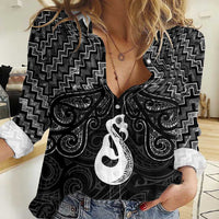 New Zealand Maori Women Casual Shirt Poutama Manaia Black Paua Shell