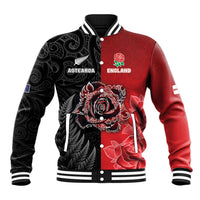 New Zealand And England Rugby Custom Baseball Jacket Red Rose Mix Maori Pattern - Polynesian Pride