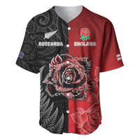 New Zealand And England Rugby Custom Baseball Jersey Red Rose Mix Maori Pattern - Polynesian Pride