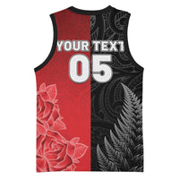 New Zealand And England Rugby Custom Basketball Jersey Red Rose Mix Maori Pattern - Polynesian Pride