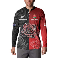 New Zealand And England Rugby Custom Button Sweatshirt Red Rose Mix Maori Pattern - Polynesian Pride