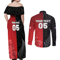 New Zealand And England Rugby Custom Couples Matching Off Shoulder Maxi Dress and Long Sleeve Button Shirt Red Rose Mix Maori Pattern - Polynesian Pride