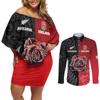New Zealand And England Rugby Custom Couples Matching Off Shoulder Short Dress and Long Sleeve Button Shirt Red Rose Mix Maori Pattern - Polynesian Pride