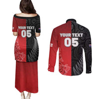 New Zealand And England Rugby Custom Couples Matching Puletasi and Long Sleeve Button Shirt Red Rose Mix Maori Pattern - Polynesian Pride