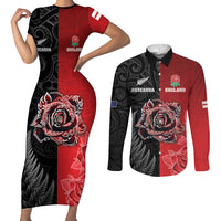New Zealand And England Rugby Custom Couples Matching Short Sleeve Bodycon Dress and Long Sleeve Button Shirt Red Rose Mix Maori Pattern - Polynesian Pride