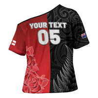 New Zealand And England Rugby Custom Cross Shoulder Shirt Red Rose Mix Maori Pattern - Polynesian Pride