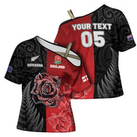 New Zealand And England Rugby Custom Cross Shoulder Shirt Red Rose Mix Maori Pattern - Polynesian Pride