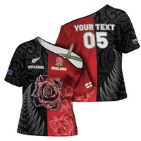 New Zealand And England Rugby Custom Cross Shoulder Shirt Red Rose Mix Maori Pattern - Polynesian Pride