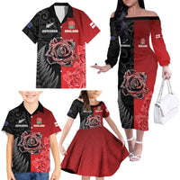 New Zealand And England Rugby Custom Family Matching Off The Shoulder Long Sleeve Dress and Hawaiian Shirt Red Rose Mix Maori Pattern - Polynesian Pride