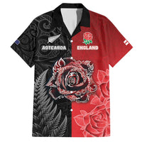 New Zealand And England Rugby Custom Family Matching Off Shoulder Maxi Dress and Hawaiian Shirt Red Rose Mix Maori Pattern - Polynesian Pride