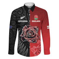 New Zealand And England Rugby Custom Family Matching Off Shoulder Maxi Dress and Hawaiian Shirt Red Rose Mix Maori Pattern LT05 Dad's Shirt - Long Sleeve Black - Polynesian Pride