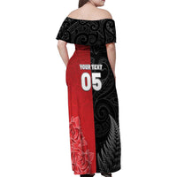 New Zealand And England Rugby Custom Family Matching Off Shoulder Maxi Dress and Hawaiian Shirt Red Rose Mix Maori Pattern - Polynesian Pride