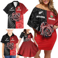 New Zealand And England Rugby Custom Family Matching Off Shoulder Short Dress and Hawaiian Shirt Red Rose Mix Maori Pattern - Polynesian Pride