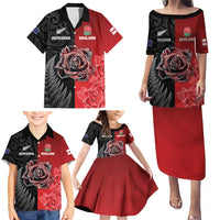 New Zealand And England Rugby Custom Family Matching Puletasi and Hawaiian Shirt Red Rose Mix Maori Pattern - Polynesian Pride
