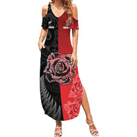 New Zealand And England Rugby Custom Family Matching Summer Maxi Dress and Hawaiian Shirt Red Rose Mix Maori Pattern - Polynesian Pride