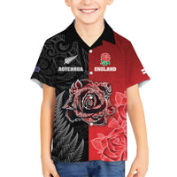 New Zealand And England Rugby Custom Family Matching Tank Maxi Dress and Hawaiian Shirt Red Rose Mix Maori Pattern - Polynesian Pride