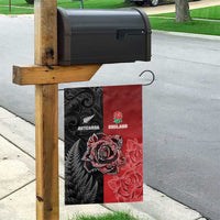 New Zealand And England Rugby Garden Flag Red Rose Mix Maori Pattern - Polynesian Pride