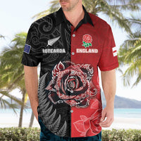 New Zealand And England Rugby Custom Hawaiian Shirt Red Rose Mix Maori Pattern - Polynesian Pride