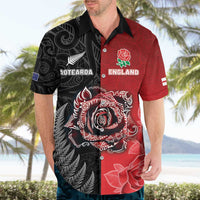 New Zealand And England Rugby Custom Hawaiian Shirt Red Rose Mix Maori Pattern - Polynesian Pride