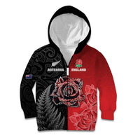 New Zealand And England Rugby Custom Kid Hoodie Red Rose Mix Maori Pattern - Polynesian Pride