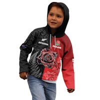 New Zealand And England Rugby Custom Kid Hoodie Red Rose Mix Maori Pattern - Polynesian Pride
