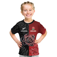 New Zealand And England Rugby Custom Kid T Shirt Red Rose Mix Maori Pattern - Polynesian Pride