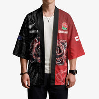 New Zealand And England Rugby Custom Kimono Red Rose Mix Maori Pattern LT05 - Polynesian Pride