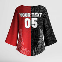 New Zealand And England Rugby Custom Kimono Sleeve Blouse Red Rose Mix Maori Pattern - Polynesian Pride
