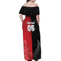 New Zealand And England Rugby Custom Off Shoulder Maxi Dress Red Rose Mix Maori Pattern - Polynesian Pride