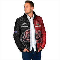 New Zealand And England Rugby Custom Padded Jacket Red Rose Mix Maori Pattern - Polynesian Pride