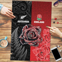 New Zealand And England Rugby Puzzle Red Rose Mix Maori Pattern - Polynesian Pride
