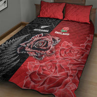 New Zealand And England Rugby Quilt Bed Set Red Rose Mix Maori Pattern - Polynesian Pride