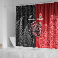 New Zealand And England Rugby Shower Curtain Red Rose Mix Maori Pattern - Polynesian Pride