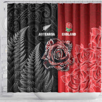 New Zealand And England Rugby Shower Curtain Red Rose Mix Maori Pattern - Polynesian Pride