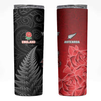 New Zealand And England Rugby Custom Skinny Tumbler Red Rose Mix Maori Pattern - Polynesian Pride
