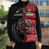 New Zealand And England Rugby Custom Sleeveless Puffer Jacket Red Rose Mix Maori Pattern - Polynesian Pride