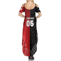 New Zealand And England Rugby Custom Summer Maxi Dress Red Rose Mix Maori Pattern - Polynesian Pride