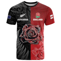 New Zealand And England Rugby Custom T Shirt Red Rose Mix Maori Pattern - Polynesian Pride