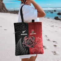 New Zealand And England Rugby Tote Bag Red Rose Mix Maori Pattern - Polynesian Pride