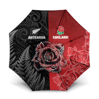 New Zealand And England Rugby Umbrella Red Rose Mix Maori Pattern - Polynesian Pride