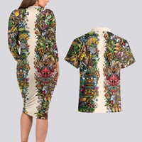 Hawaii And Japan Couples Matching Long Sleeve Bodycon Dress and Hawaiian Shirt Tiki With Oni Mask - Polynesian Pride