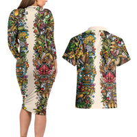 Hawaii And Japan Couples Matching Long Sleeve Bodycon Dress and Hawaiian Shirt Tiki With Oni Mask - Polynesian Pride
