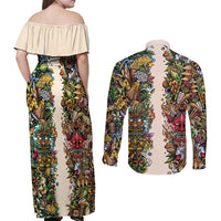 Hawaii And Japan Couples Matching Off Shoulder Maxi Dress and Long Sleeve Button Shirt Tiki With Oni Mask - Polynesian Pride